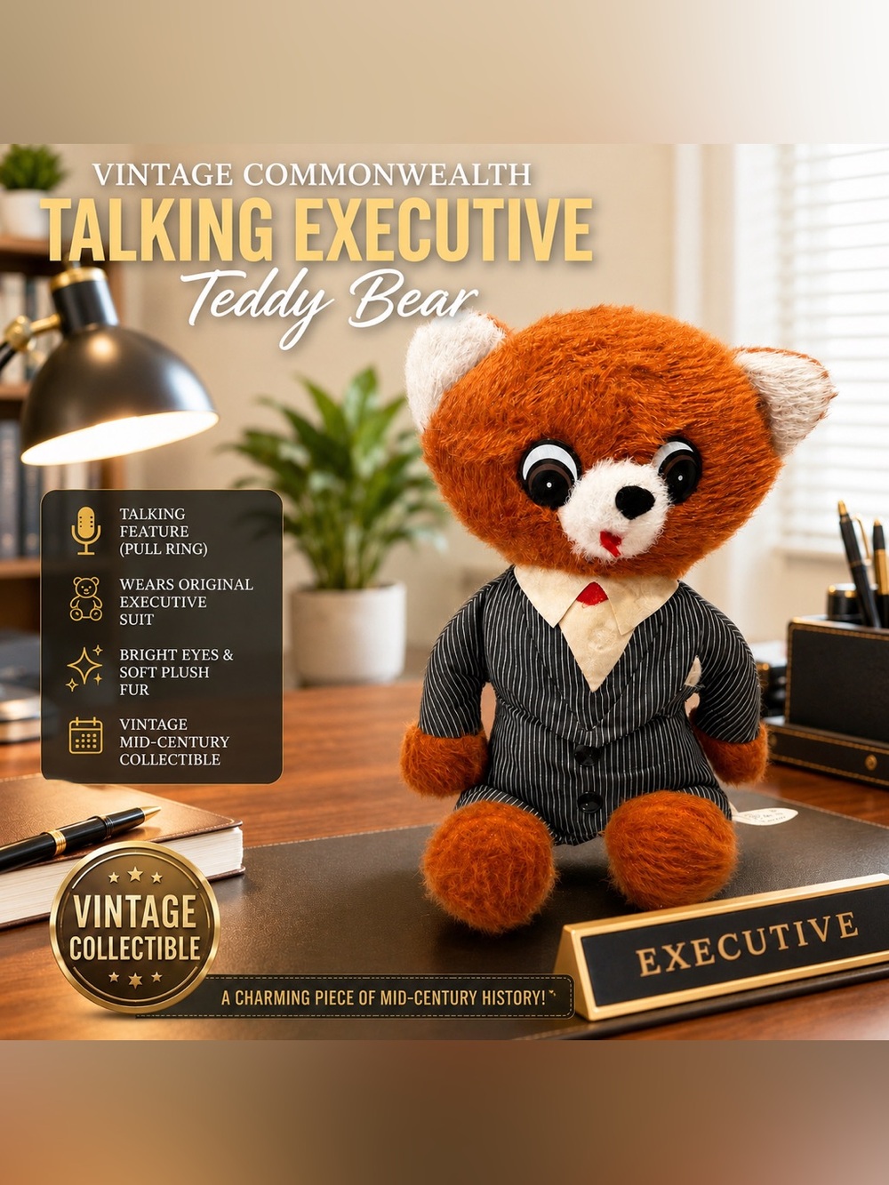 Vintage Commonwealth Talking Executive Teddy Bear - Orange & Cream